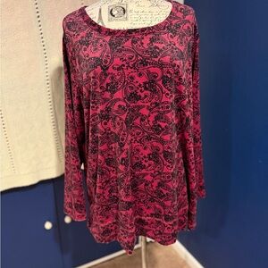 Woman Within Velour Paisley Long Sleeve Top - Pink and Black